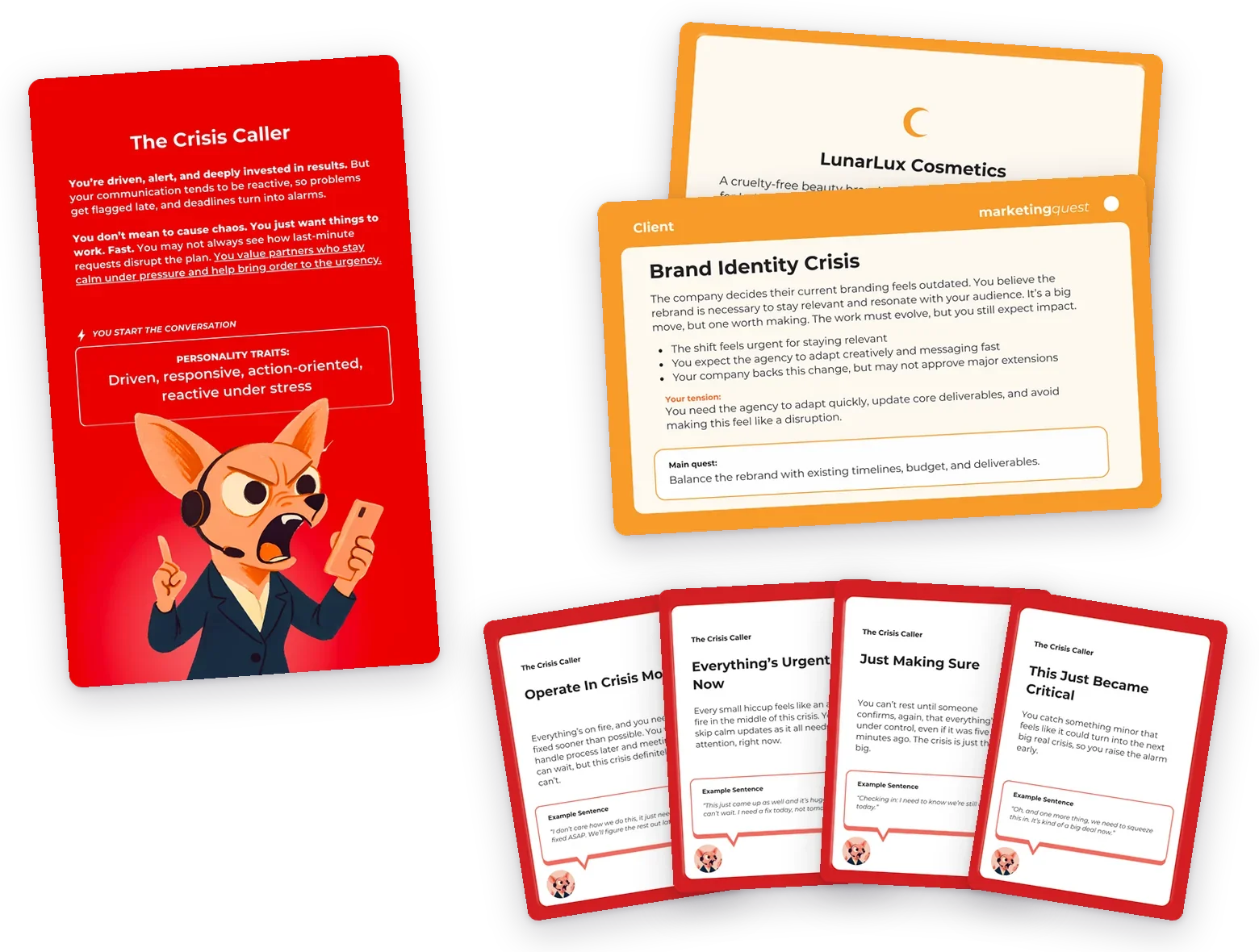 The Client's cards: The Crisis Caller, LunarLux Cosmetics, the Client quest and 4 Client Action cards