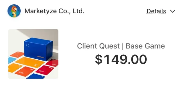 Stripe checkout preview: Marketyze Co., Ltd., Client Quest | Base Game, $149.00