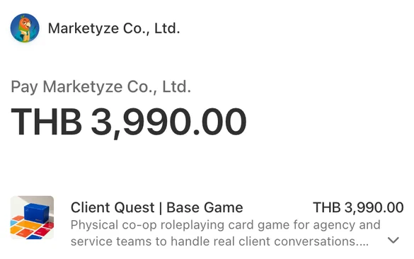 Stripe checkout preview: Pay Marketyze Co., Ltd., THB 3,990.00, Client Quest | Base Game