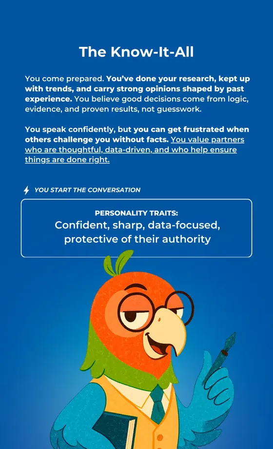 The Know-It-All persona card