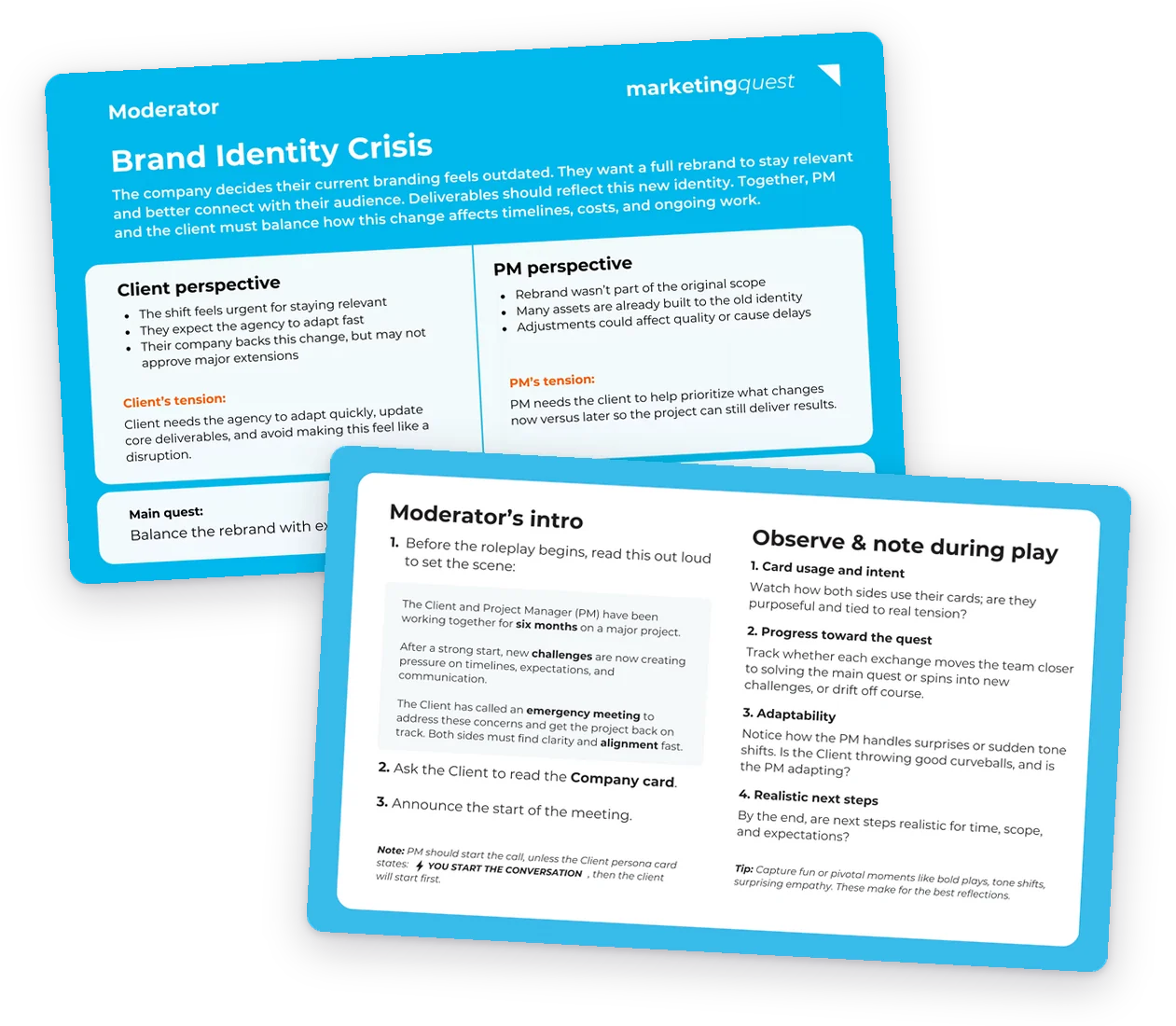 The Moderator's cards: the main Brand Identity Crisis quest, showing both the client's and the project manager's perspective, and the Moderator card with what to note during play